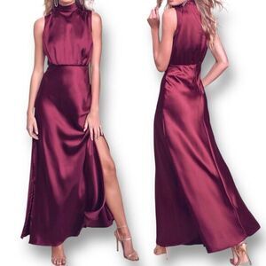 Lulus XXS Burgundy Satin Maxi Dress High Neck Slit Gown Formal Wedding NWOT